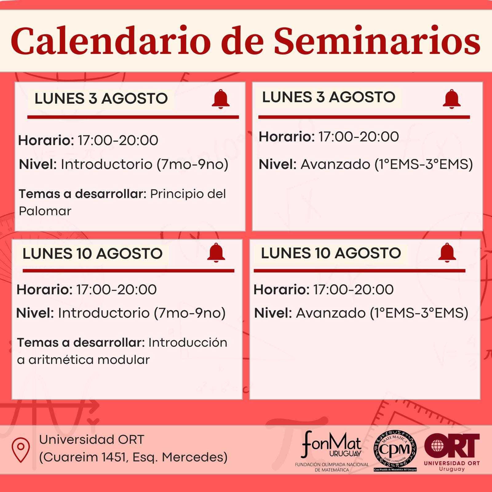Calendario de Seminarios ORT, con fechas, horarios, niveles y sede