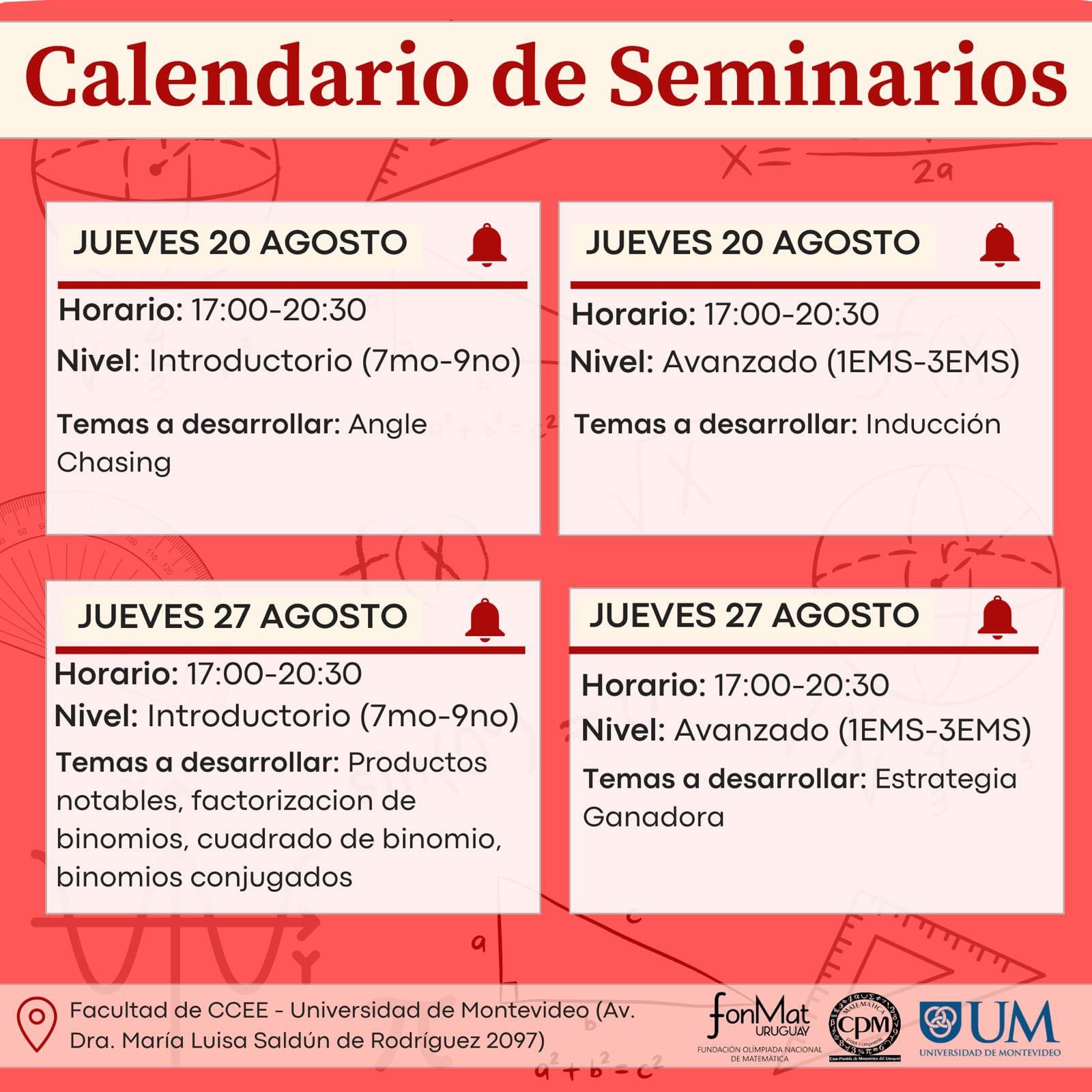 Calendario de Seminarios UM, con fechas, horarios, niveles y sede